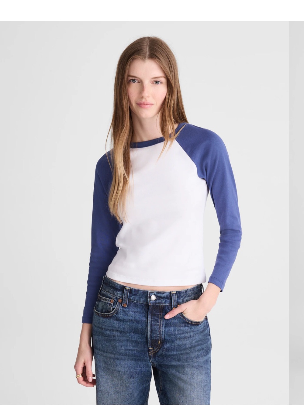 Madewell Cotton 90s White long sleeve Tee with Blue Sleeves NEW